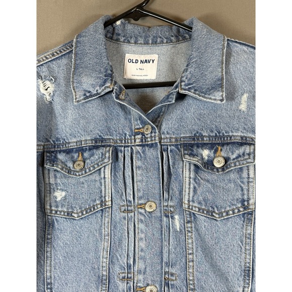 Old Navy Jean Jacket Women's Trucker Style Retro Blue Denim Distressed L Tall - Picture 2 of 13